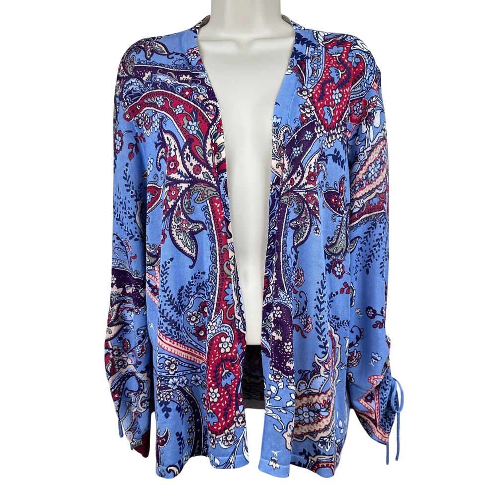 Chico's Open Cardigan Paisley Floral Lightweight 3/4 Sleeve Blue Chico 3 US XL